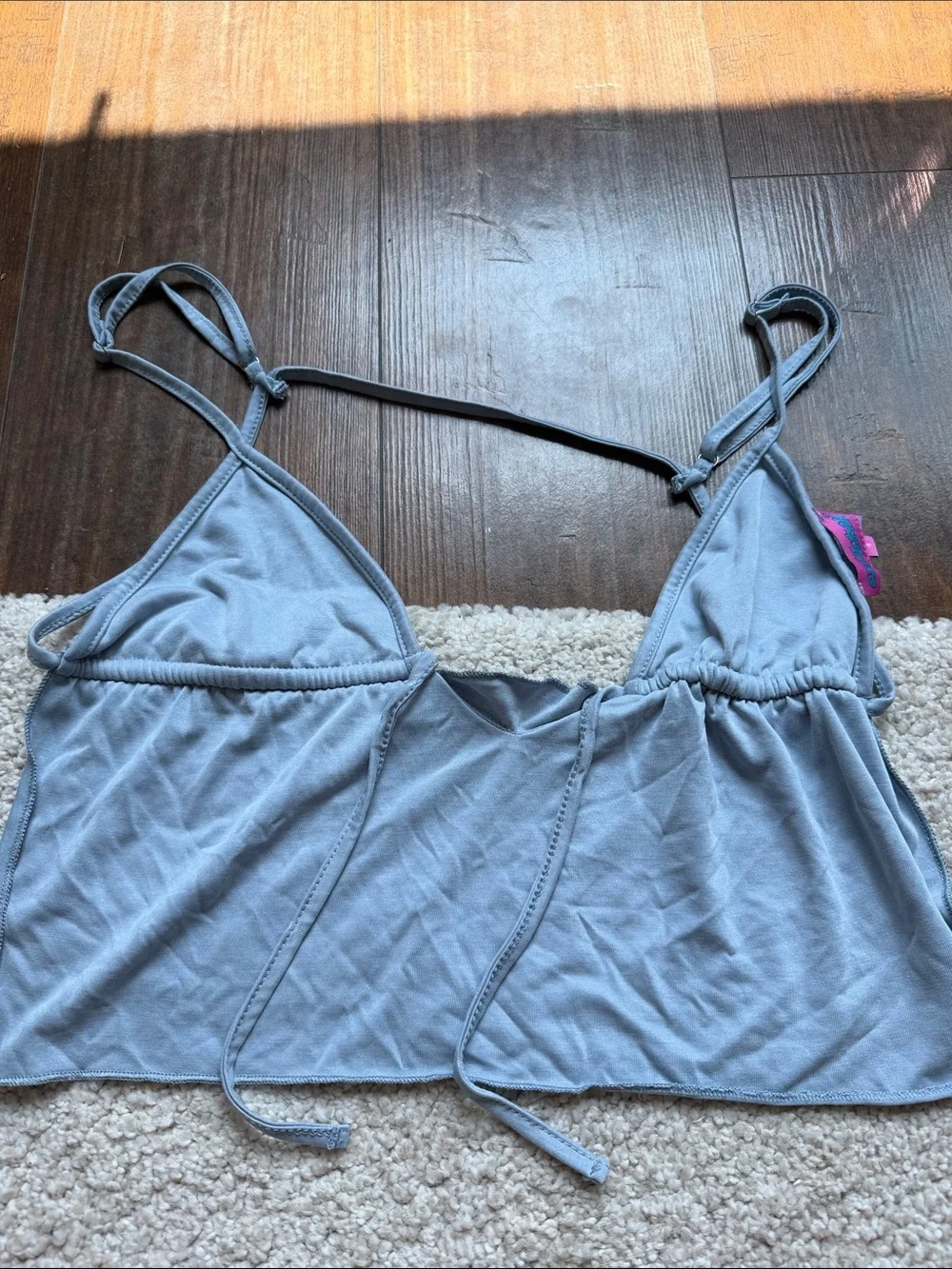 Edikted Light Blue Tie-Front Crop Tank with Pink Logo Tag